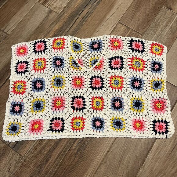 Anthropologie Saachi Crocket Colorblock Granny Square Poncho OS EUC - Picture 2 of 10